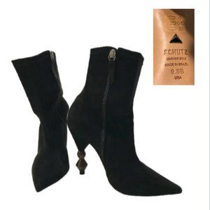 SCHUTZ Pointy Toe Boot with Geometric Wood Heel Black 9.5 Inside Ankle Zip